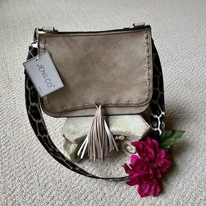 NWT Jen & Co the Bailey Vegan Handbag with Leopard Strap and Tassel